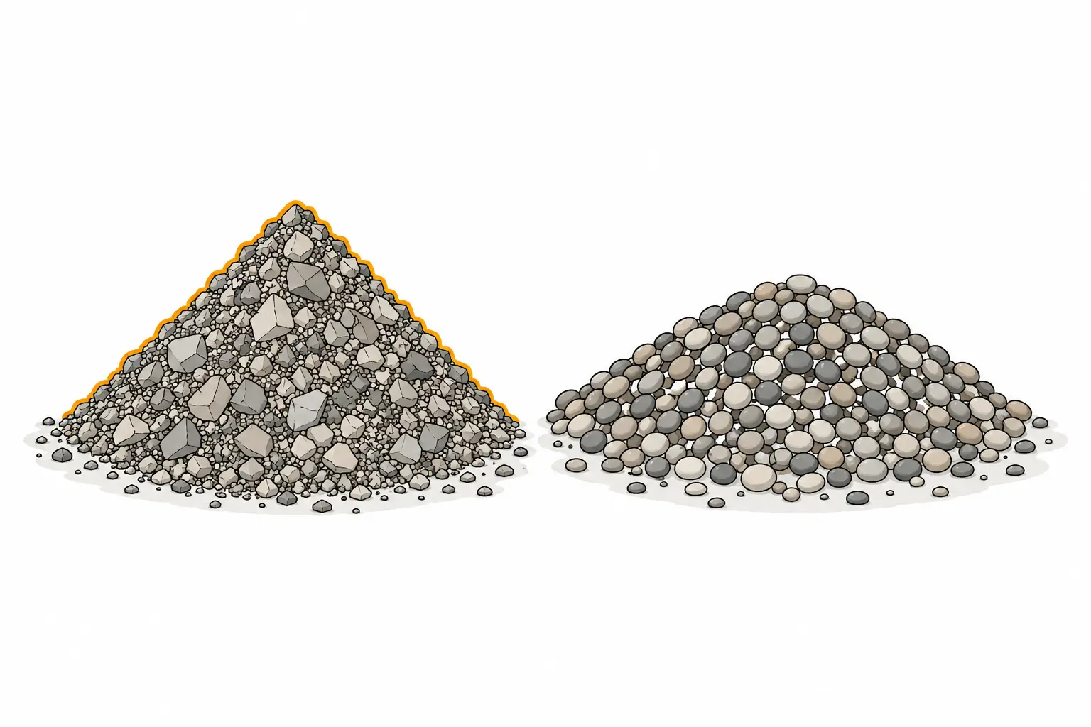 Stone for a gravel shed base: a heap of angular crushed stone with fines that locks together, next to round pea gravel that rolls apart.