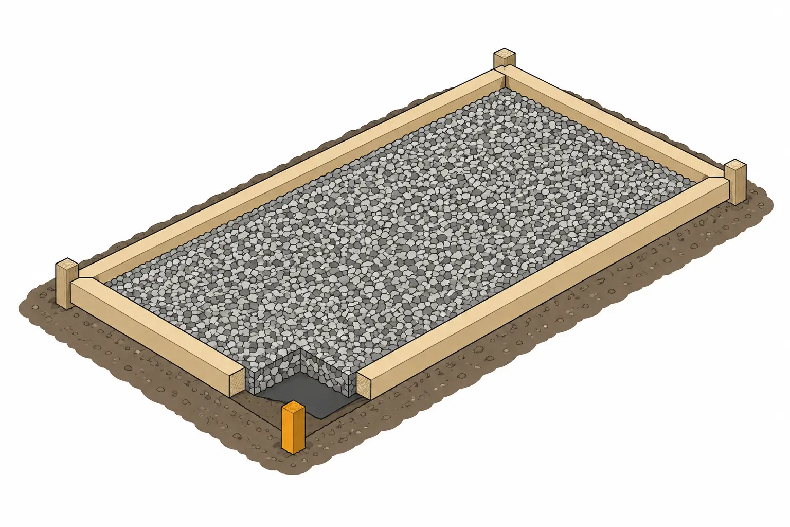 A finished gravel shed base: a level pad of stone inside a timber frame, with landscape fabric under the stone, ready for the shed skids.