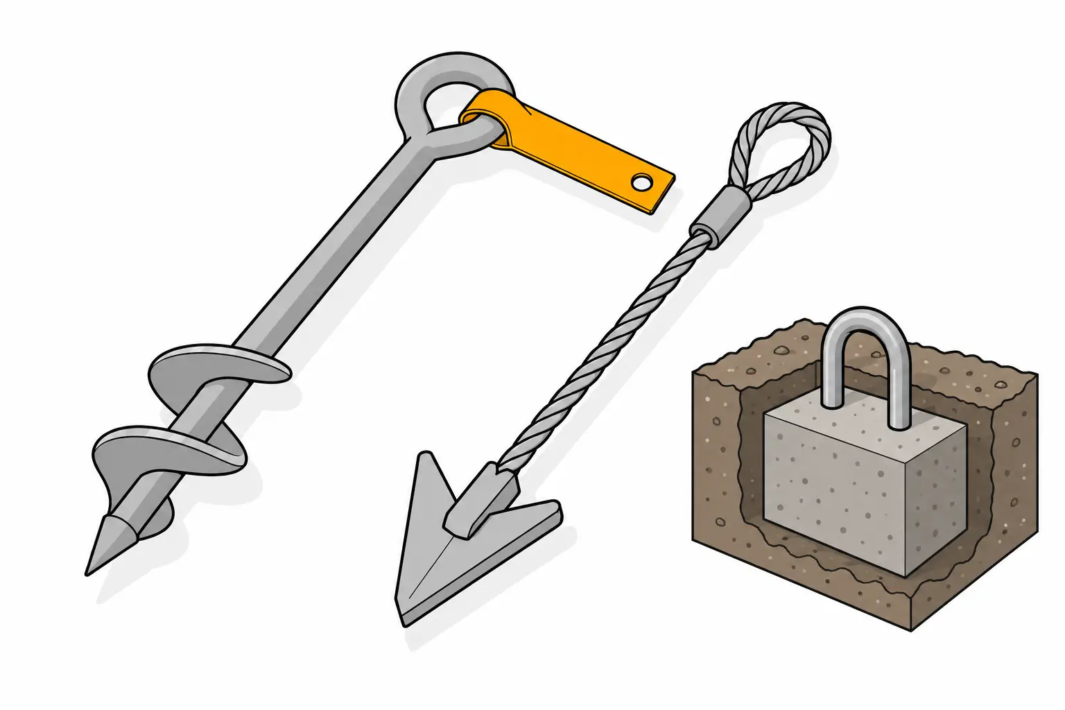 Three options for shed anchoring: an auger anchor, a driven arrowhead anchor with a cable, and a concrete block with a steel loop, buried in soil.