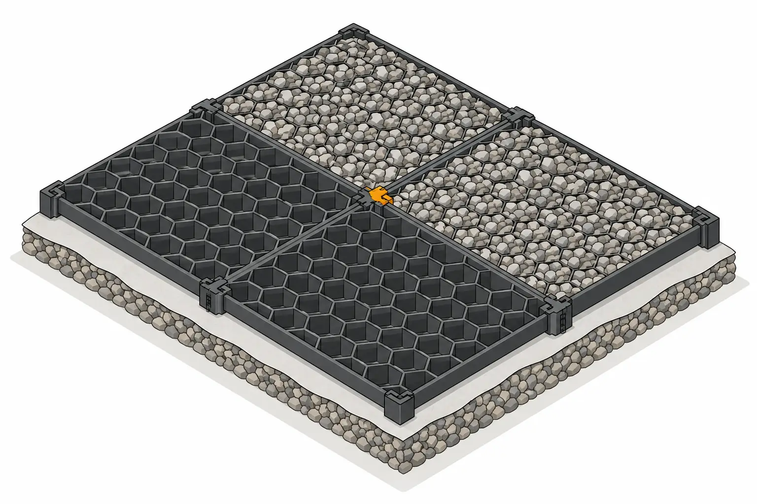 Interlocking plastic shed base grid panels on a membrane, half filled with gravel.