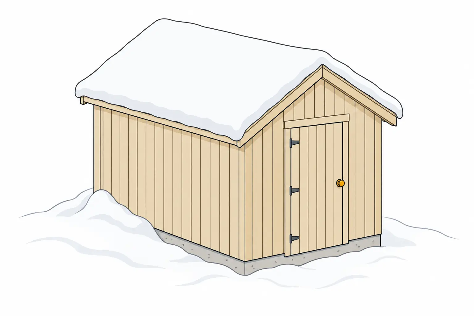 Shed permit Canada guide: a small gable shed with a deep layer of snow on its roof, the load its rafters must carry in a Canadian winter.