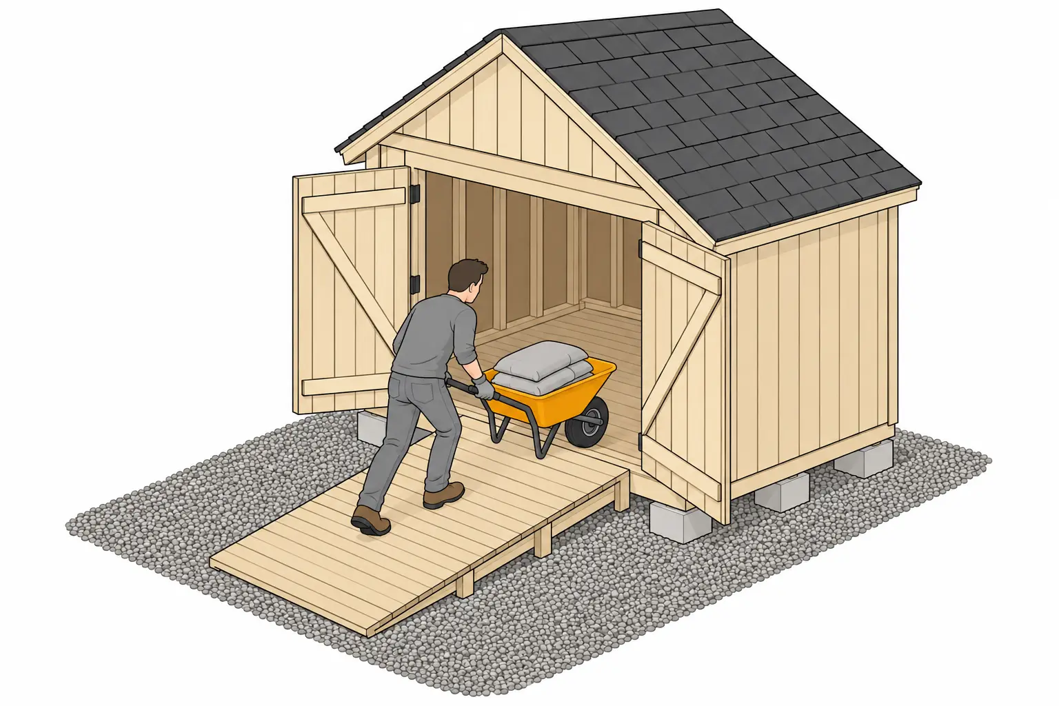 How to build a shed ramp: a person pushing a wheelbarrow up a wide, gentle wooden ramp into a shed.