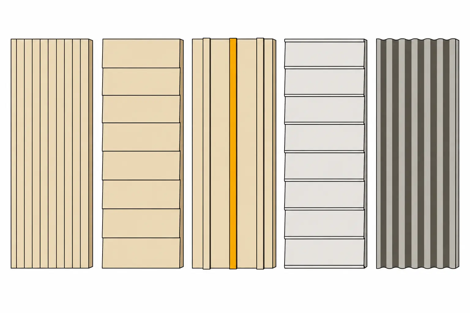 Five shed siding samples: T1-11 panel, lap siding, board and batten, vinyl and corrugated metal.